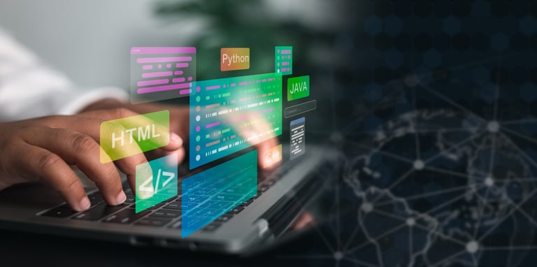 Web developer coding on laptop with virtual programming interface