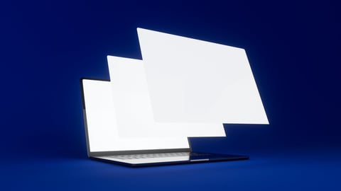 Laptop with floating screens showing website templates